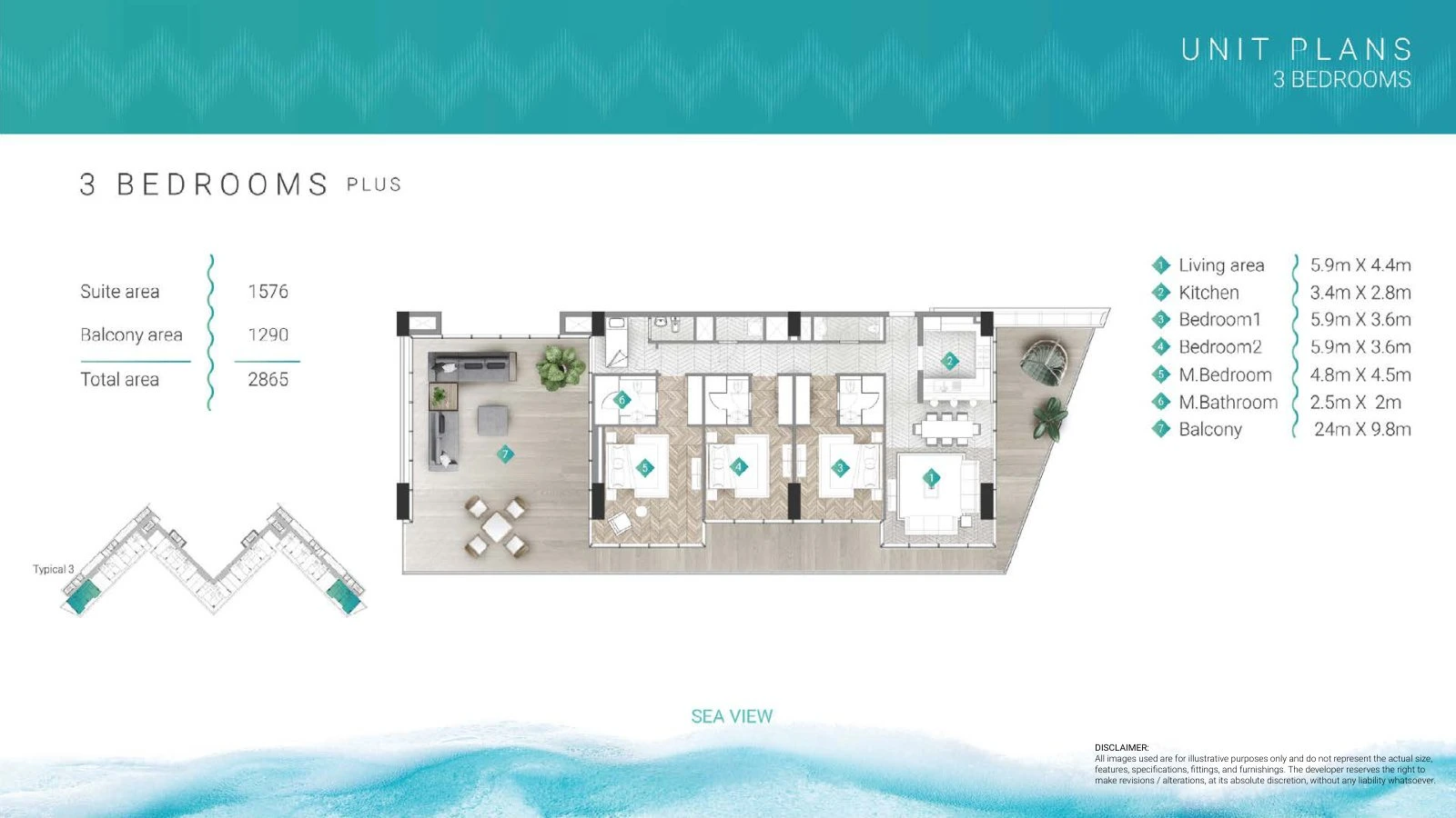 Moonstone Residences Interiors 3-bedroom Plus apartment floor plan, 2,865 sq ft