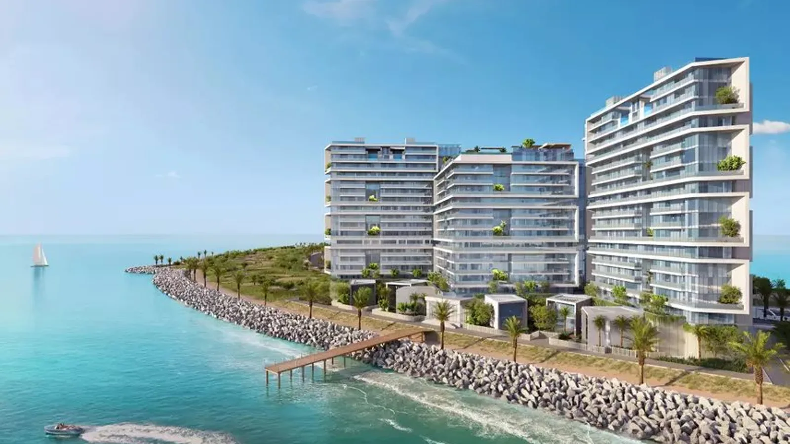 Aerial waterfront view of Moonstone Residences Interiors on Al Marjan Island
