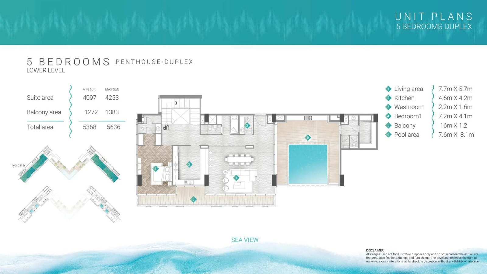 Moonstone Residences Interiors 5-bedroom Penthouse duplex Lower Level floor plan, 5,368-5,636 sq ft