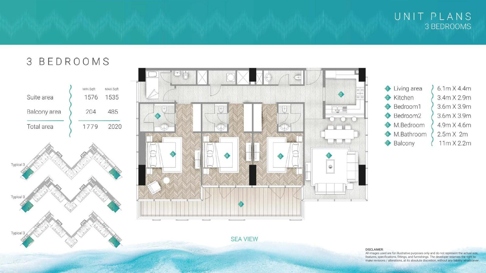 Moonstone Residences Interiors 3-bedroom Standard apartment floor plan, 1,779-2,020 sq ft