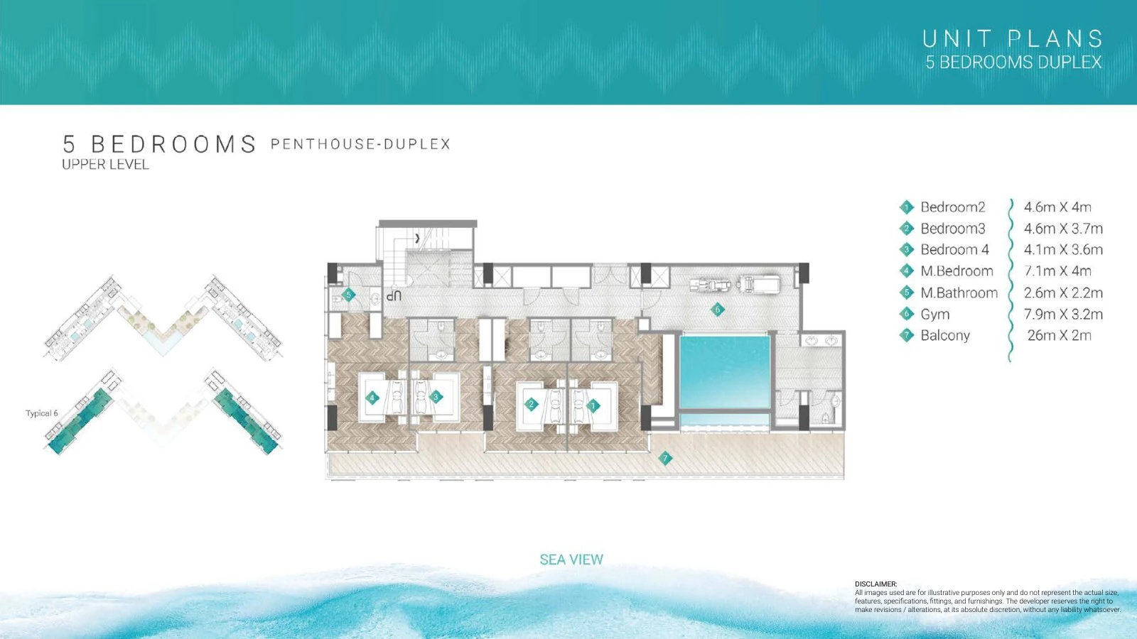 Moonstone Residences Interiors 5-bedroom Penthouse duplex Upper Level floor plan, 5,368-5,636 sq ft