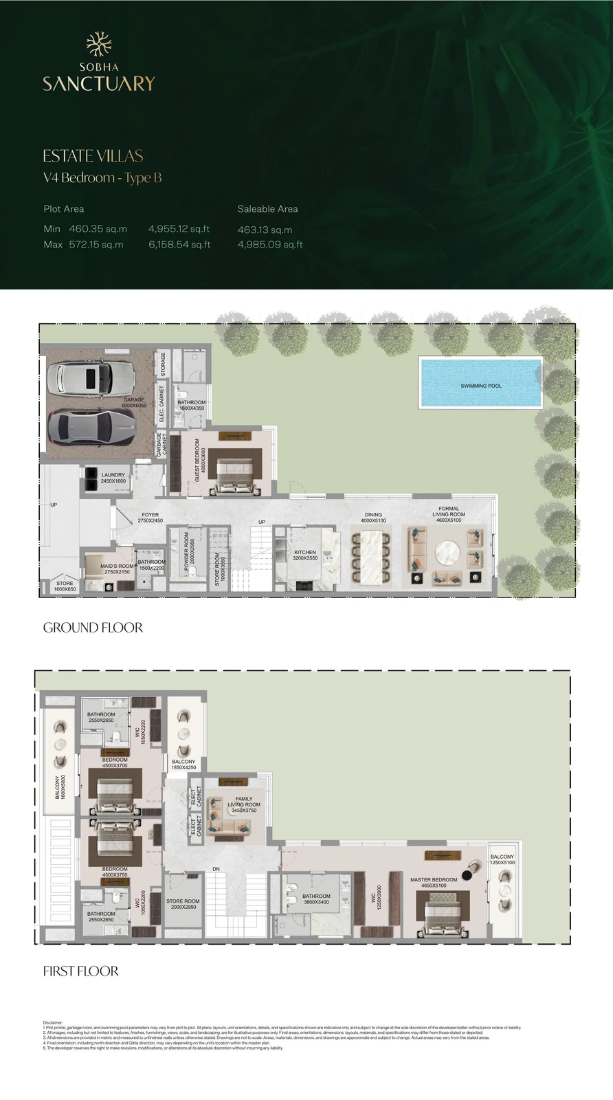 The Grove at Sobha Sanctuary 4-bedroom Type B villa floor plan showing ground and first floors, 4,985.09 sq ft.