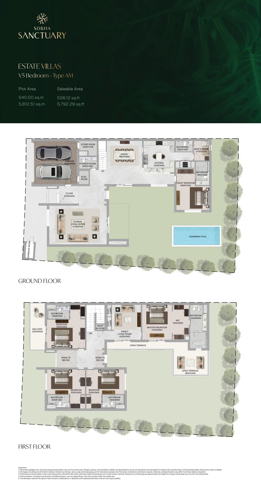 The Grove at Sobha Sanctuary 5-bedroom Type AM villa floor plan showing ground and first floors, 5,792.28 sq ft.