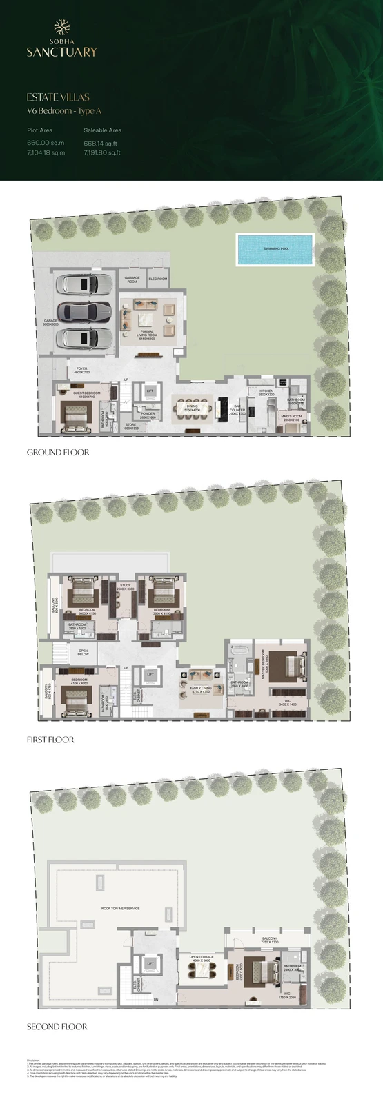 The Grove at Sobha Sanctuary 6-bedroom Type A villa floor plan showing ground, first and second floors, 7,191.80 sq ft.