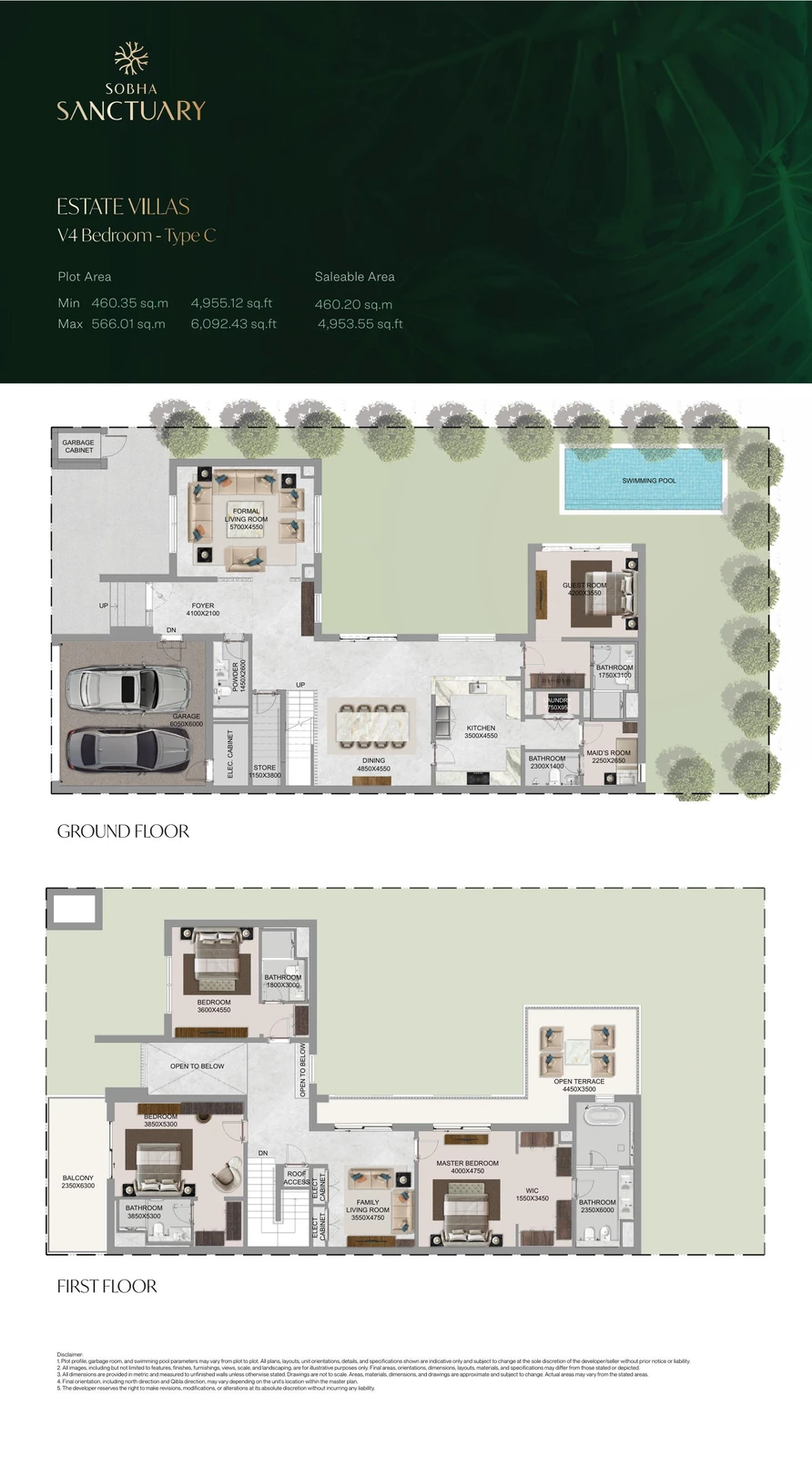 The Grove at Sobha Sanctuary 4-bedroom Type C villa floor plan showing ground and first floors, 4,953.55 sq ft.