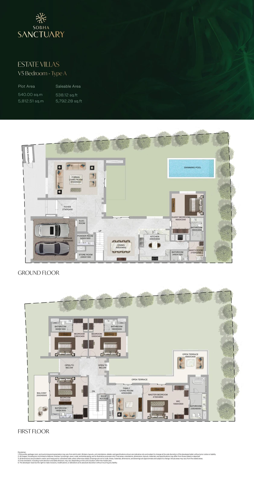 The Grove at Sobha Sanctuary 5-bedroom Type A villa floor plan showing ground and first floors, 5,792.28 sq ft.