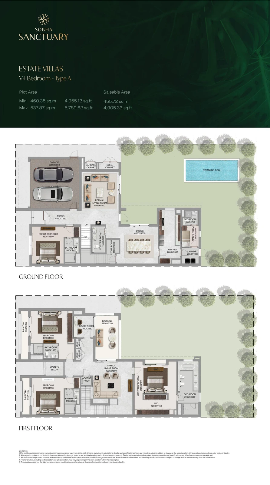 The Grove at Sobha Sanctuary 4-bedroom Type A villa floor plan showing ground and first floors, 4,905.33 sq ft.