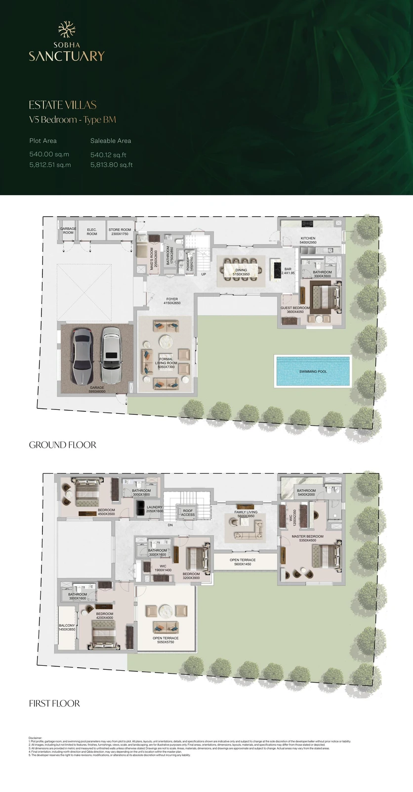The Grove at Sobha Sanctuary 5-bedroom Type BM villa floor plan showing ground and first floors, 5,813.80 sq ft.