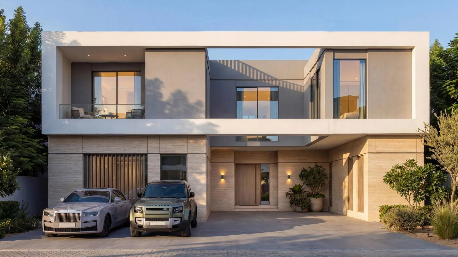 Front exterior of a contemporary estate villa at The Grove at Sobha Sanctuary.