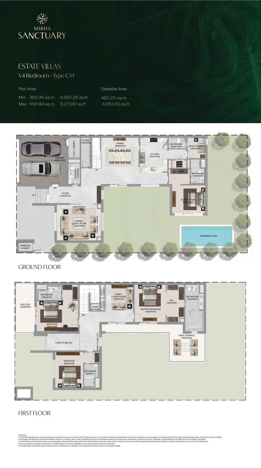 The Grove at Sobha Sanctuary 4-bedroom Type CM villa floor plan showing ground and first floors, 4,953.55 sq ft.