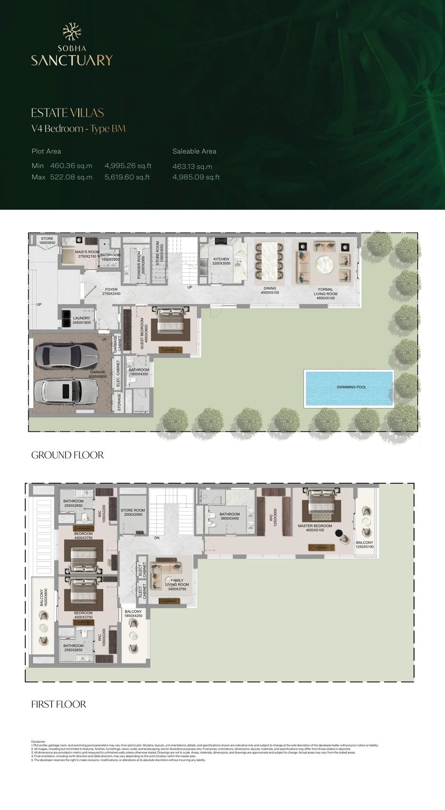 The Grove at Sobha Sanctuary 4-bedroom Type BM villa floor plan showing ground and first floors, 4,985.09 sq ft.