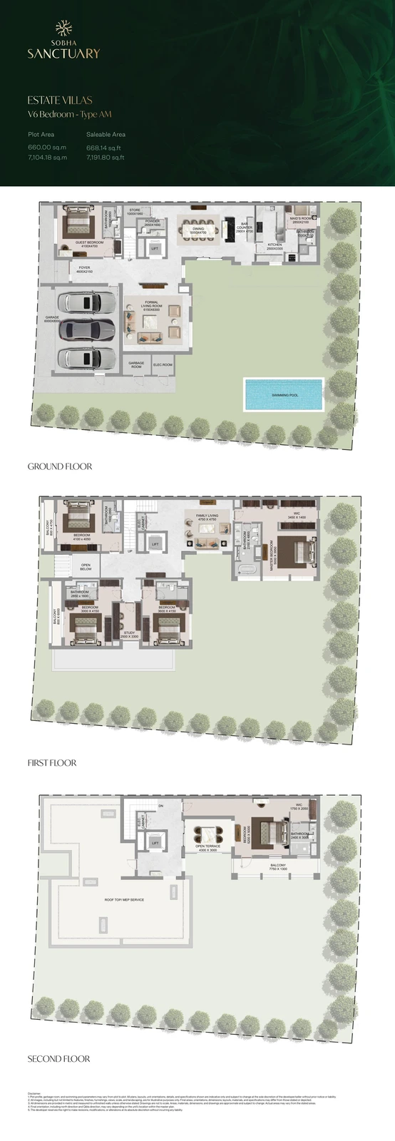 The Grove at Sobha Sanctuary 6-bedroom Type AM villa floor plan showing ground, first and second floors, 7,191.80 sq ft.