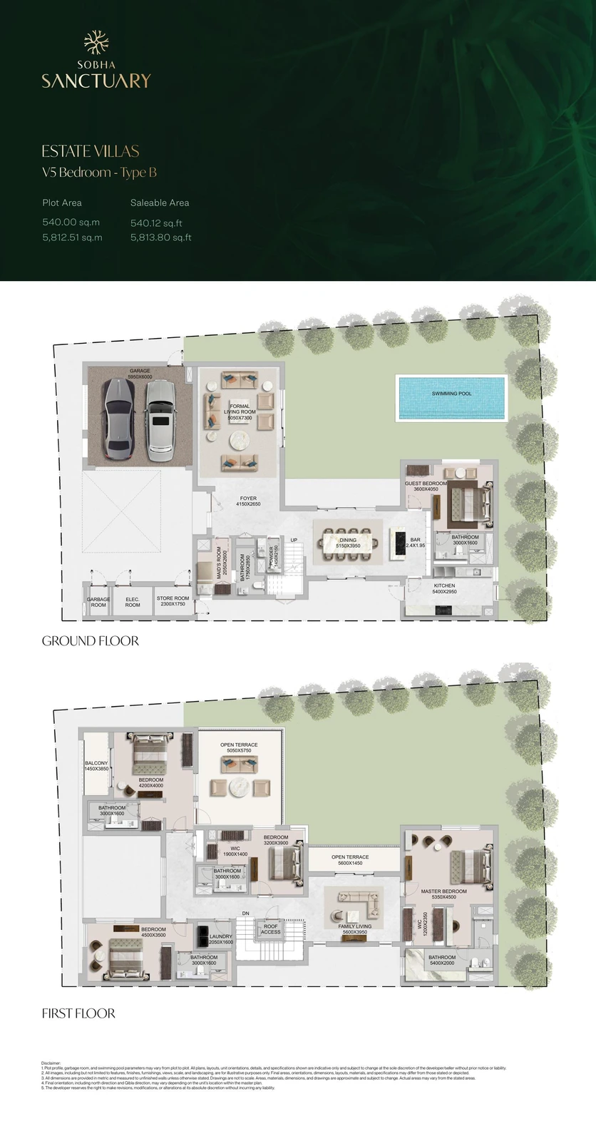 The Grove at Sobha Sanctuary 5-bedroom Type B villa floor plan showing ground and first floors, 5,813.80 sq ft.
