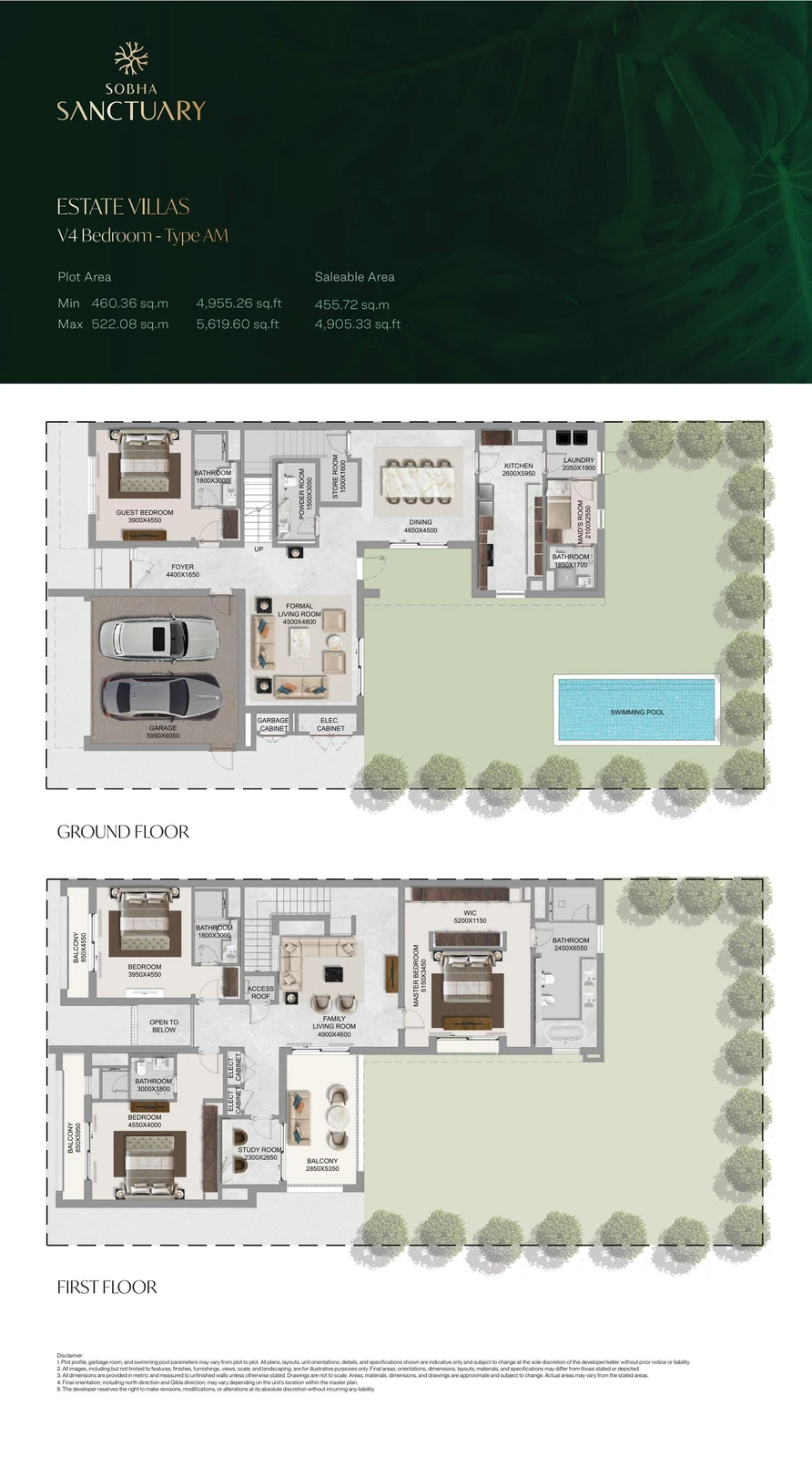 The Grove at Sobha Sanctuary 4-bedroom Type AM villa floor plan showing ground and first floors, 4,905.33 sq ft.