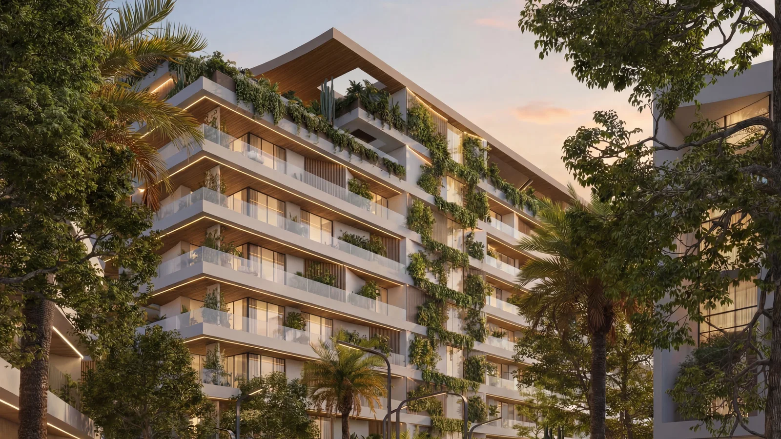 Lunaya Terraces exterior framed by mature landscaping