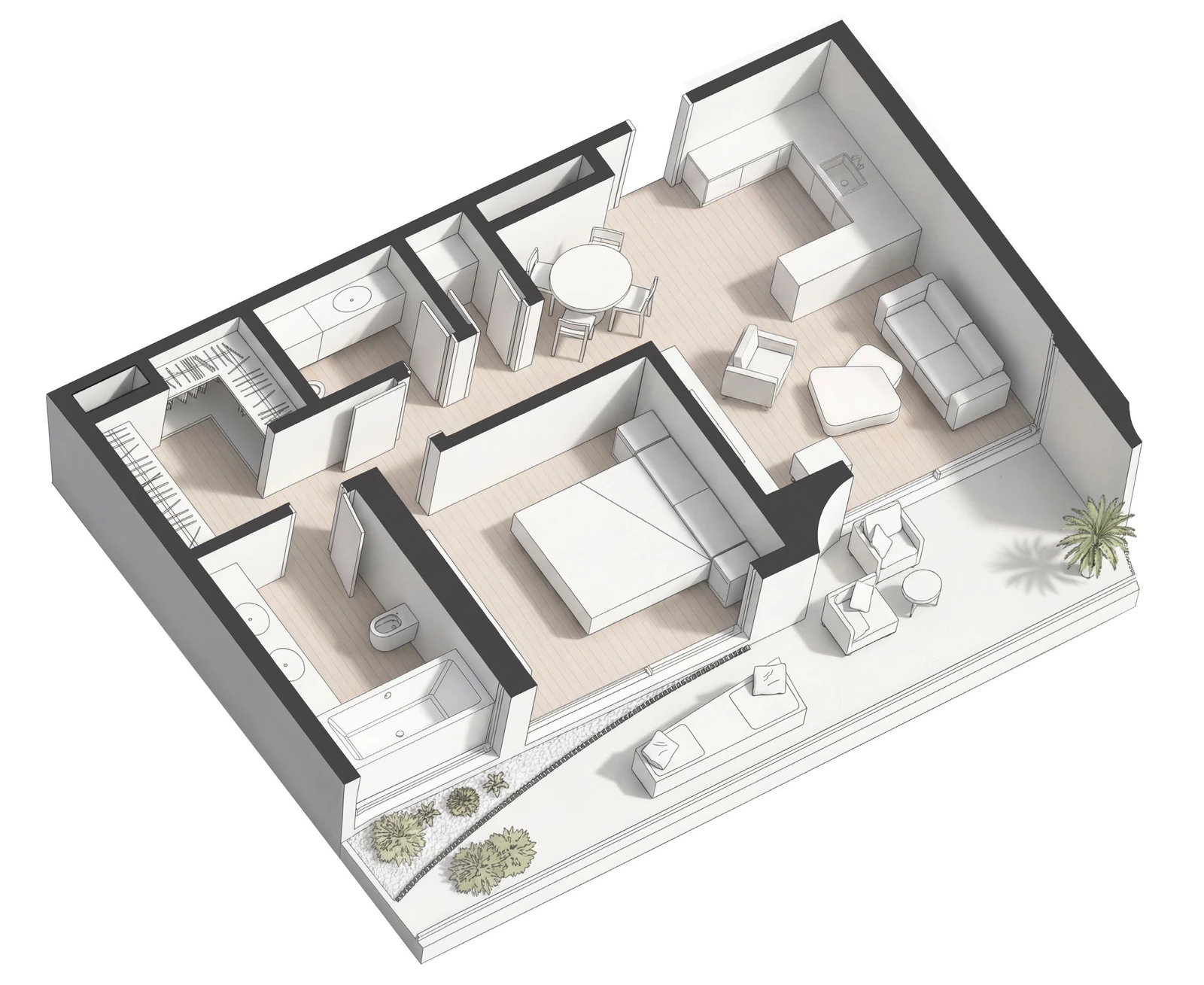 Lunaya Terraces 1-bedroom Type 2 apartment floor plan with outdoor terrace