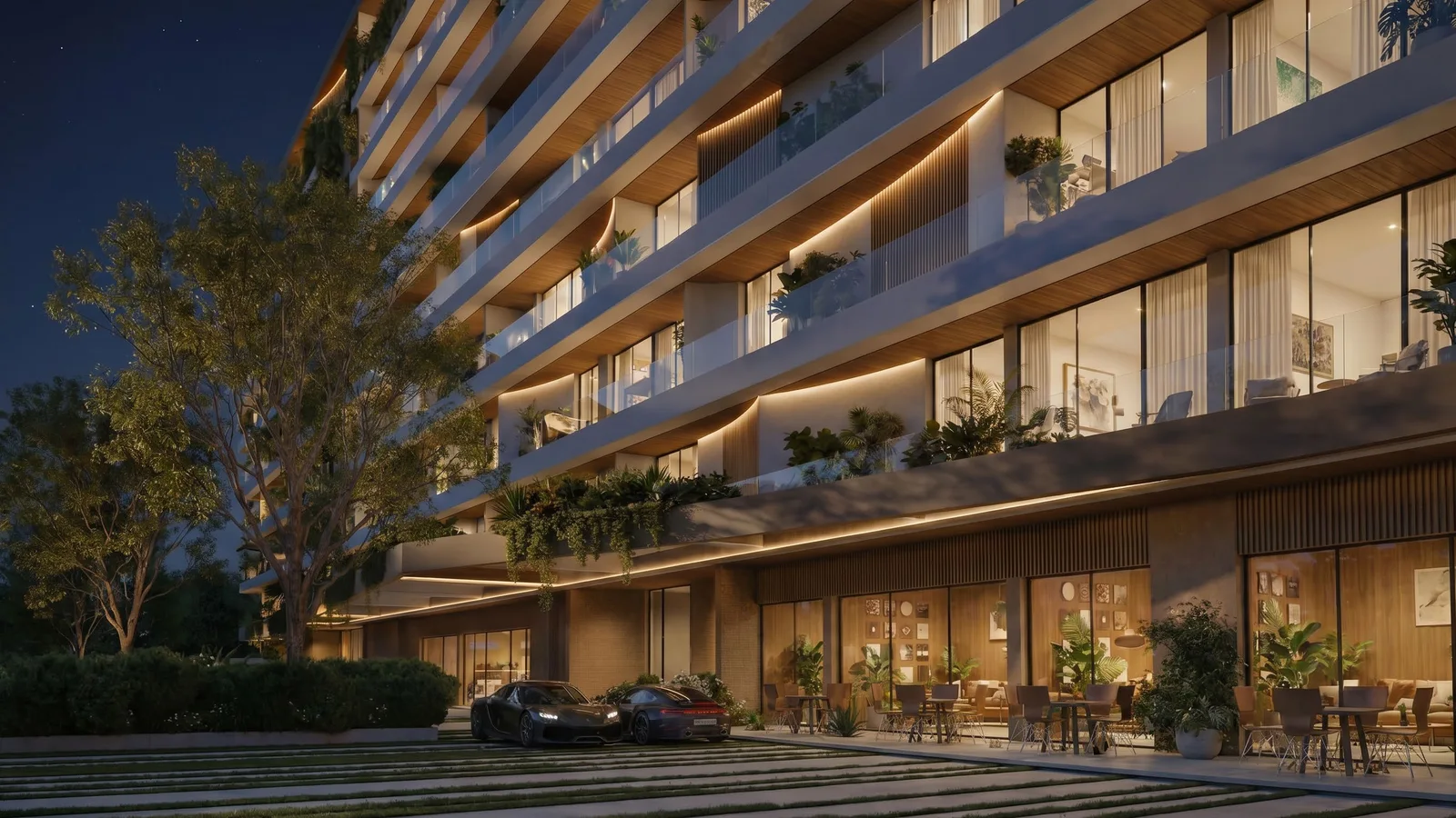 Street-level exterior of Lunaya Terraces with retail frontage