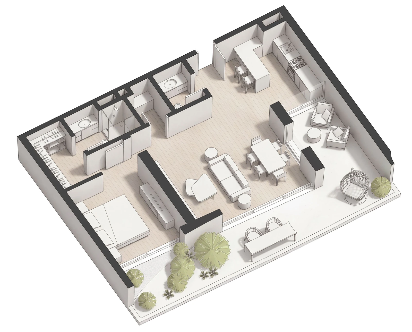 Lunaya Terraces 1-bedroom Type 1 apartment floor plan with outdoor terrace