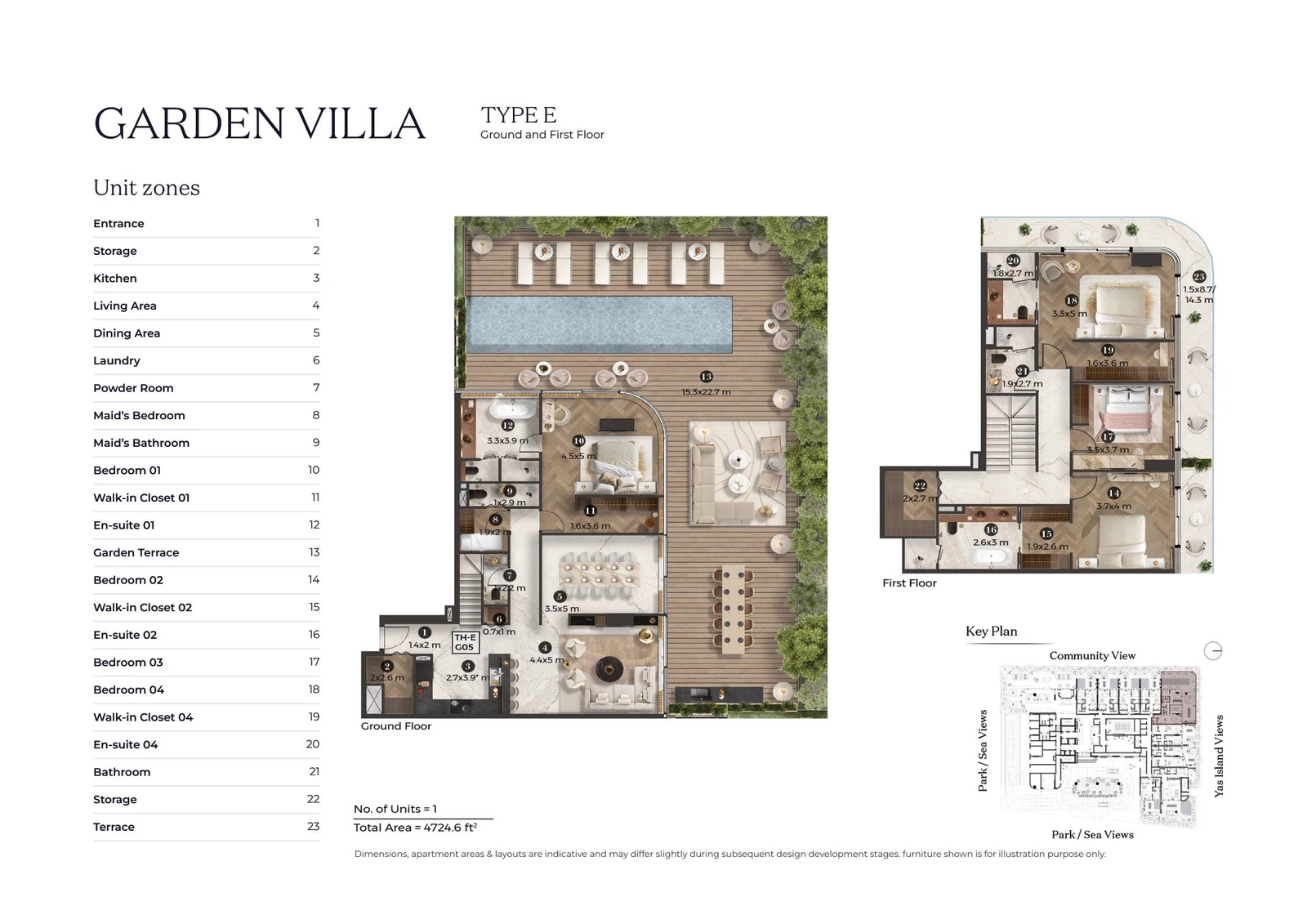 Stellar by ELIE SAAB 4-bedroom Type E villa floor plan for ground and first floors, 4,724.6 sq ft.