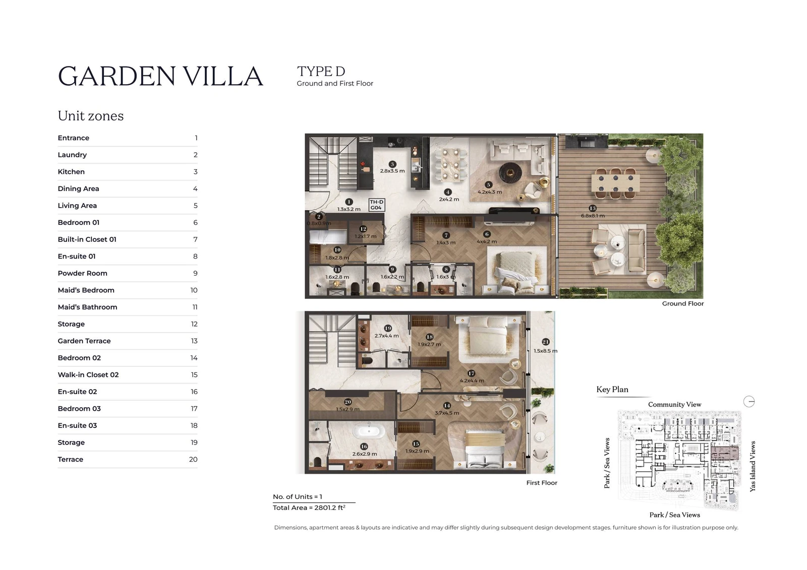 Stellar by ELIE SAAB 3-bedroom Type D villa floor plan for ground and first floors, 2,801.2 sq ft.