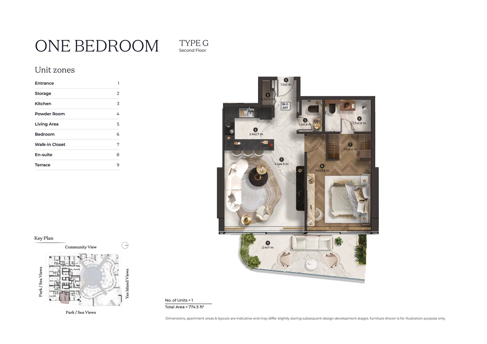 Stellar by ELIE SAAB 1-bedroom Type G apartment floor plan for second floor, 774.5 sq ft.