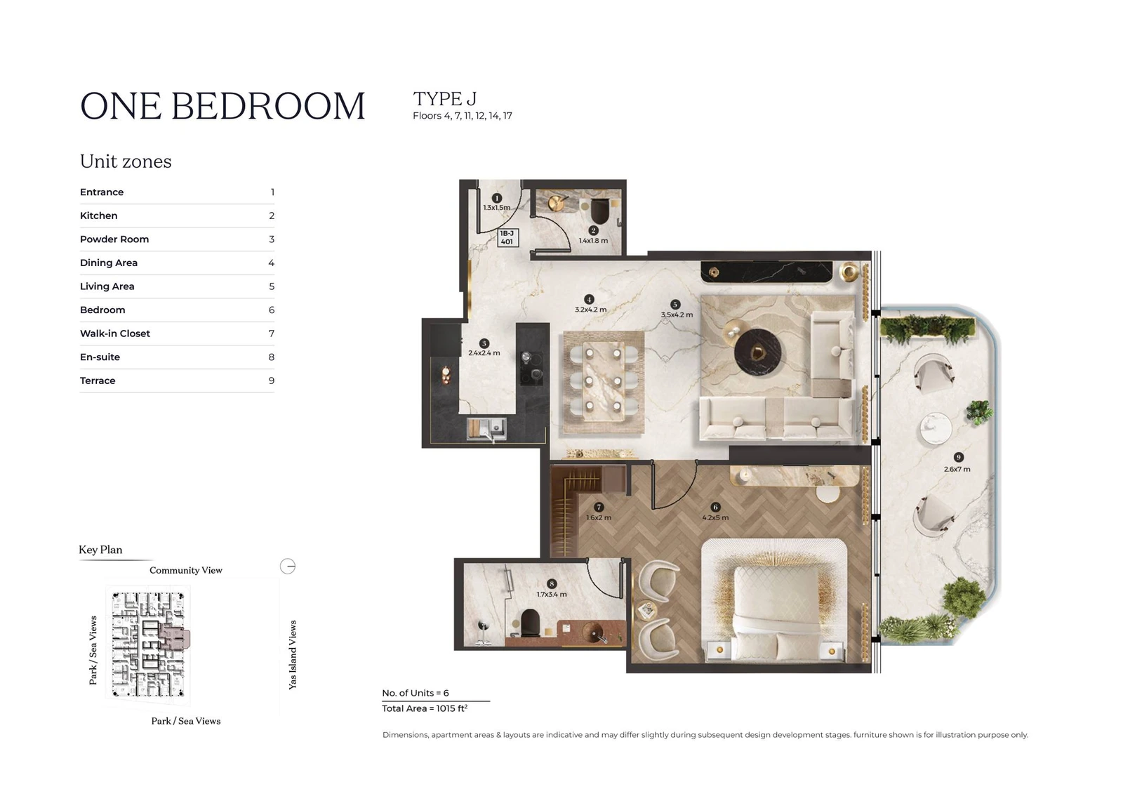 Stellar by ELIE SAAB 1-bedroom Type J apartment floor plan for typical floor 02, 1,015 sq ft.