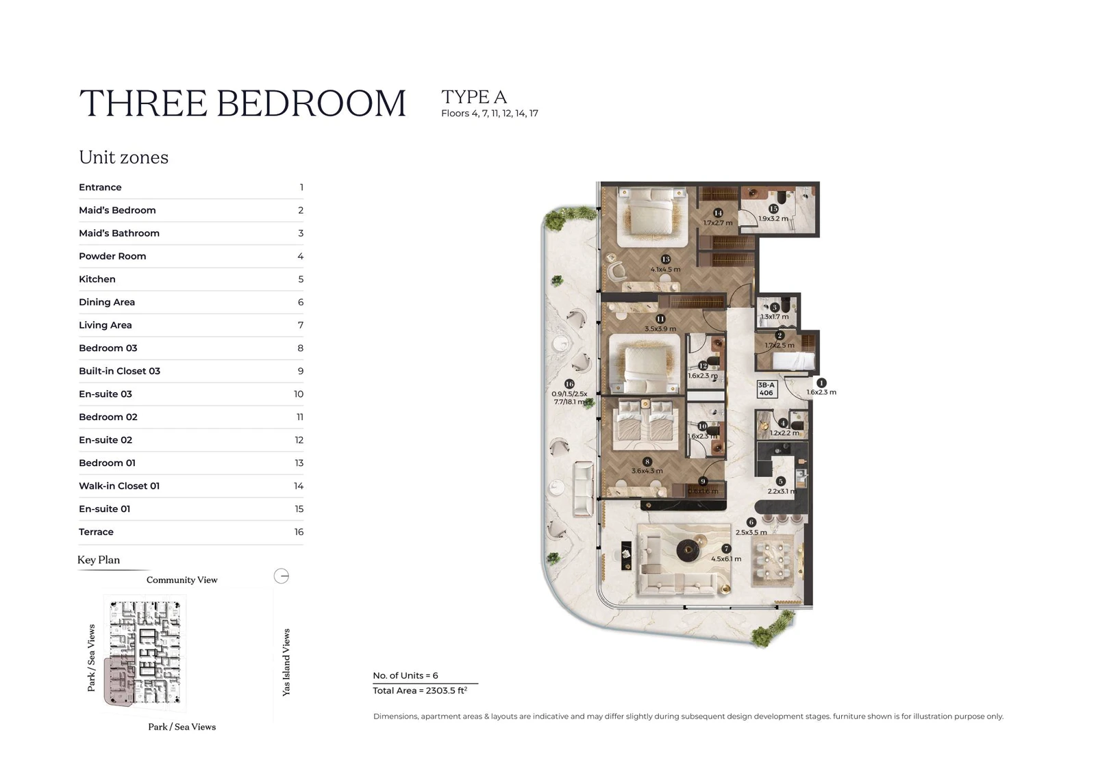 Stellar by ELIE SAAB 3-bedroom Type A apartment floor plan for typical floor 02, 2,303.5 sq ft.