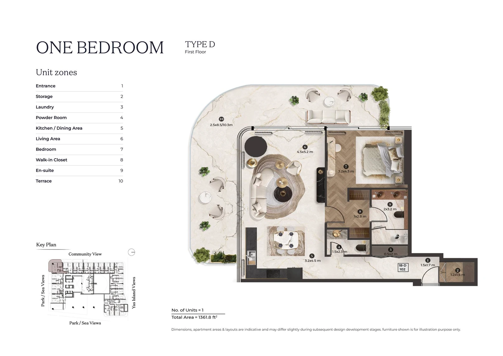 Stellar by ELIE SAAB 1-bedroom Type D apartment floor plan for first floor, 1,361.8 sq ft.