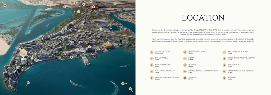 Stellar by ELIE SAAB location map on Yas Island with the waterfront site marker and travel times to key Abu Dhabi destinations.