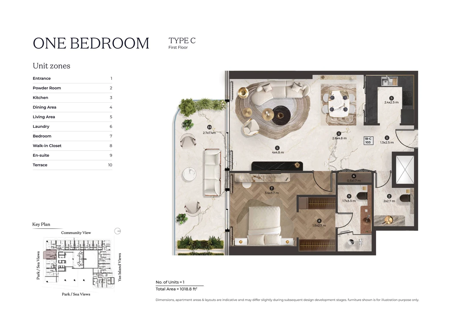 Stellar by ELIE SAAB 1-bedroom Type C apartment floor plan for first floor, 1,018.8 sq ft.
