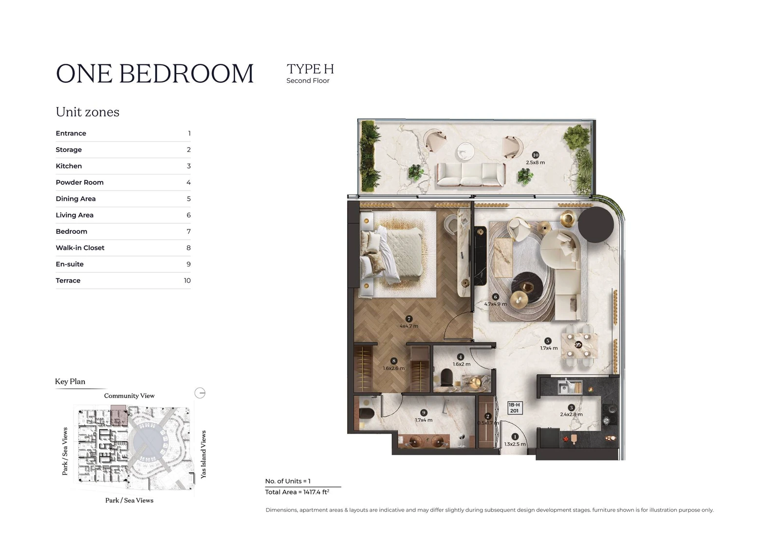 Stellar by ELIE SAAB 1-bedroom Type H apartment floor plan for second floor, 1,147.4 sq ft.