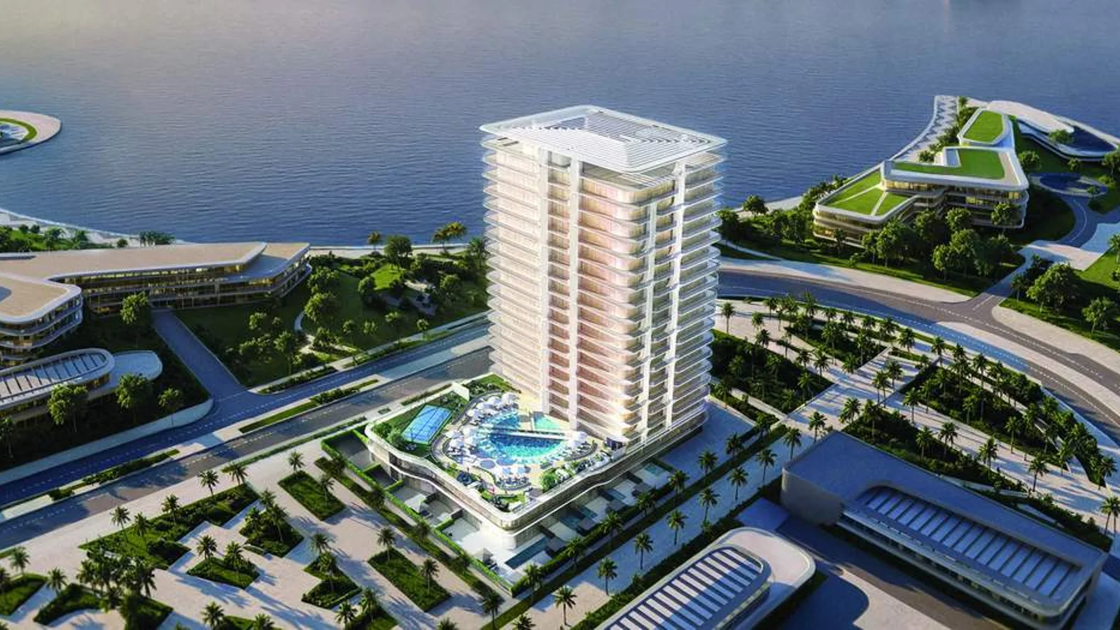 Aerial view of Stellar by ELIE SAAB and its waterfront setting on Yas Island.