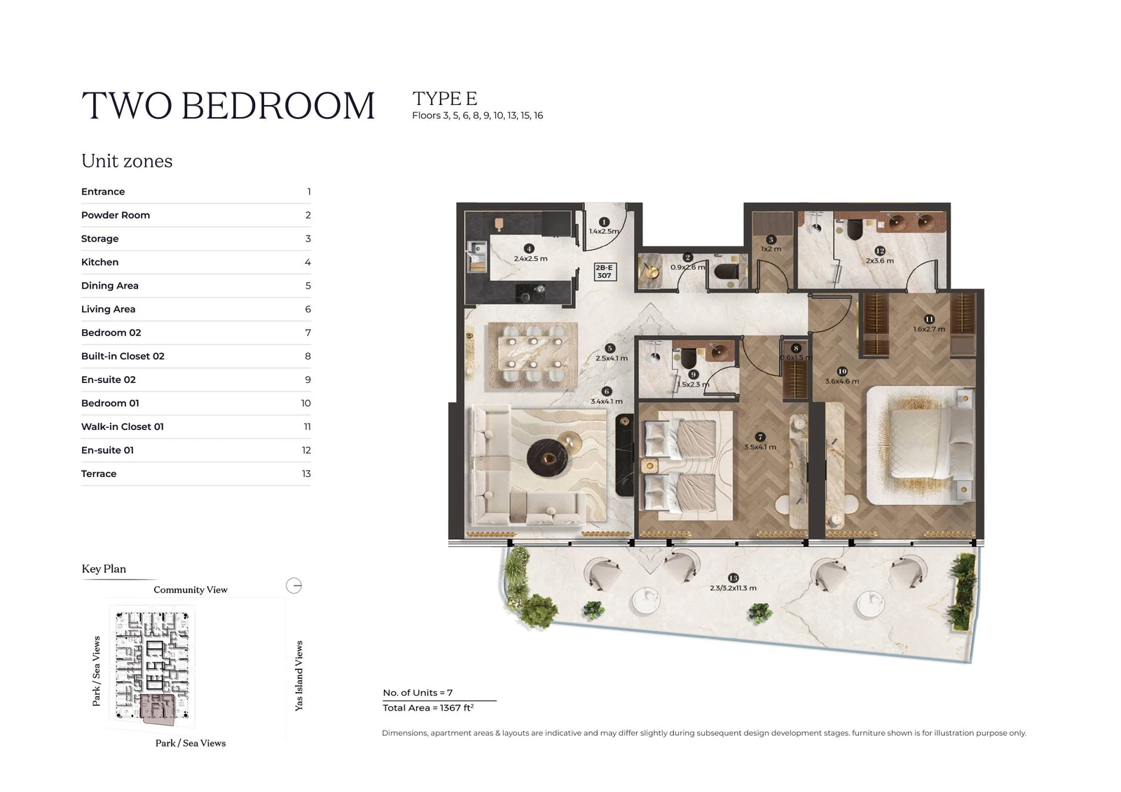 Stellar by ELIE SAAB 2-bedroom Type E apartment floor plan for typical floor 01, 1,367 sq ft.