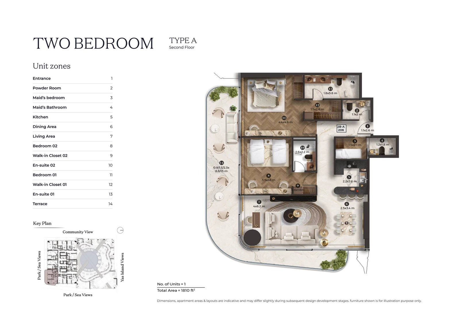 Stellar by ELIE SAAB 2-bedroom Type A apartment floor plan for second floor, 1,810 sq ft.