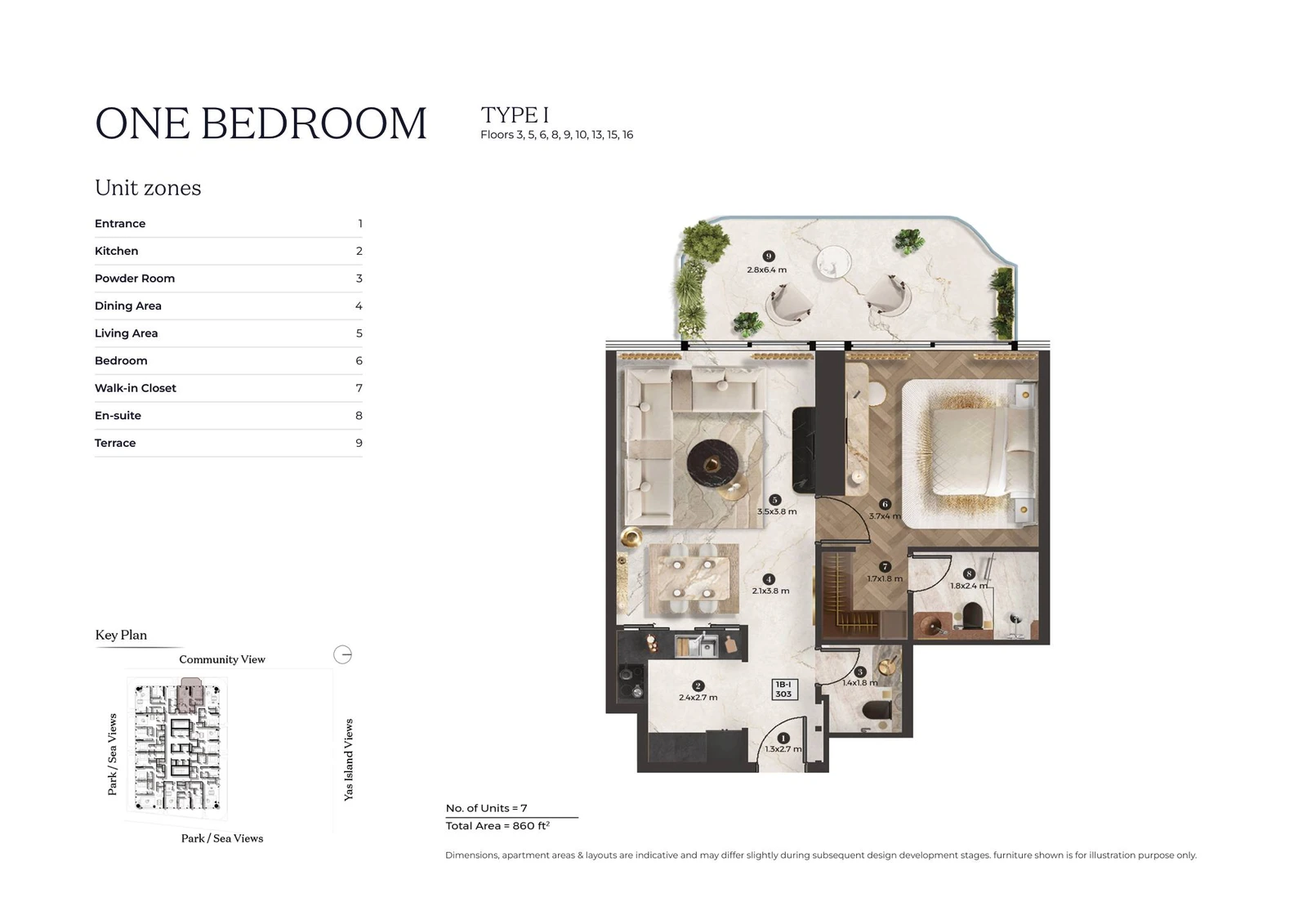 Stellar by ELIE SAAB 1-bedroom Type I apartment floor plan for typical floor 01, 860 sq ft.