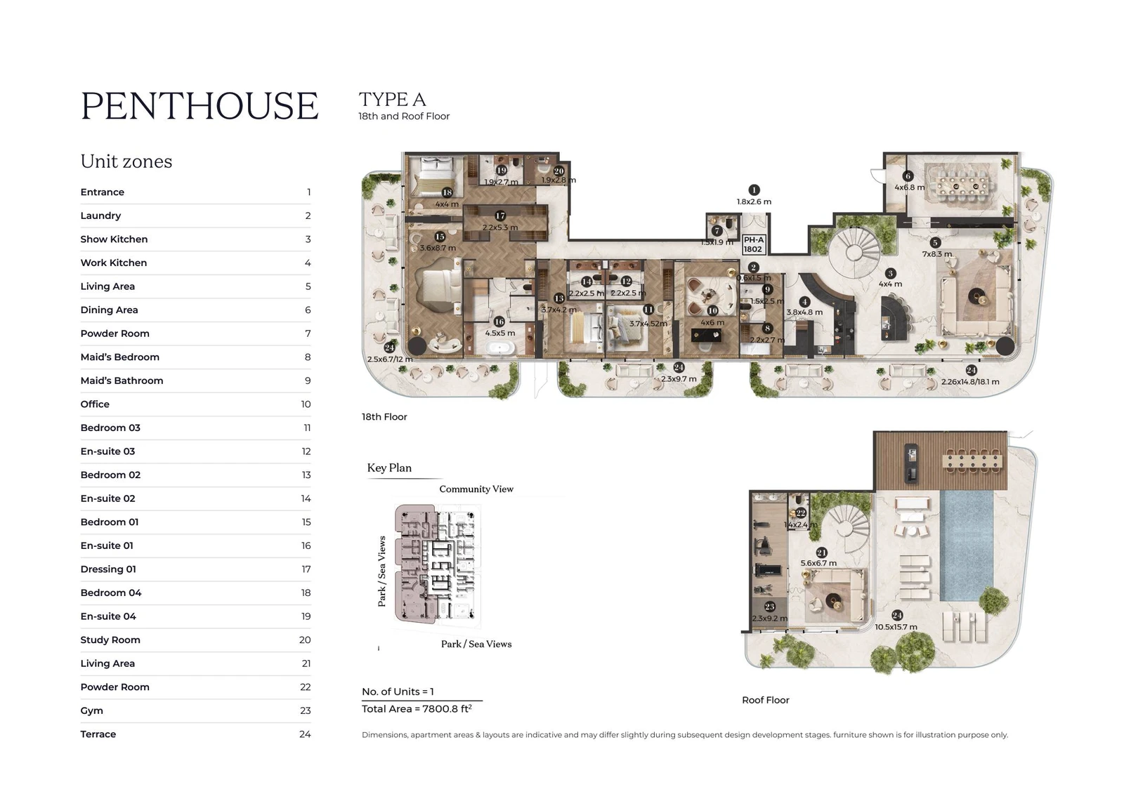 Stellar by ELIE SAAB 4-bedroom Type A duplex penthouse floor plan for 18th and roof floors, 7,800.8 sq ft.
