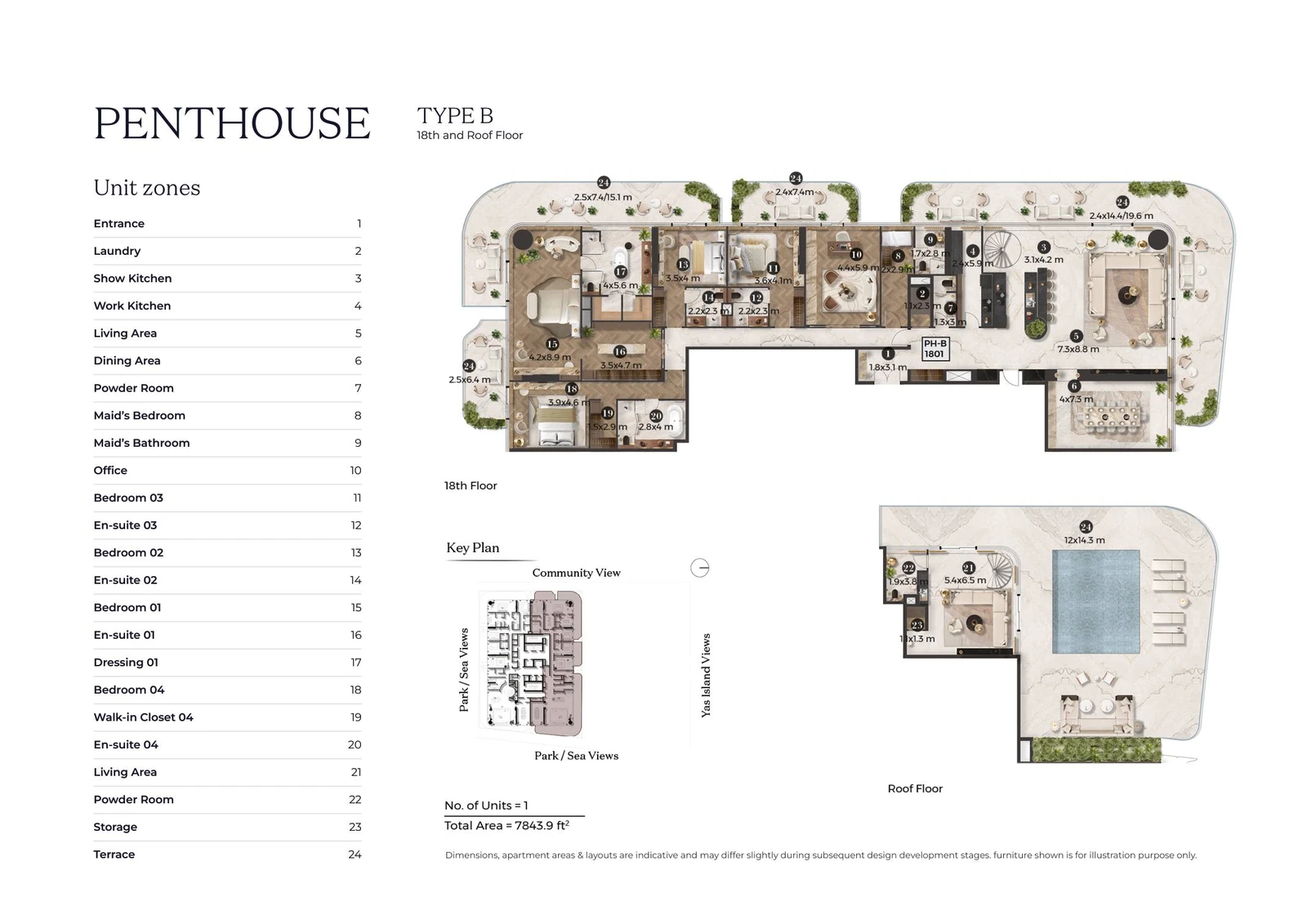 Stellar by ELIE SAAB 4-bedroom Type B duplex penthouse floor plan for 18th and roof floors, 7,843.9 sq ft.