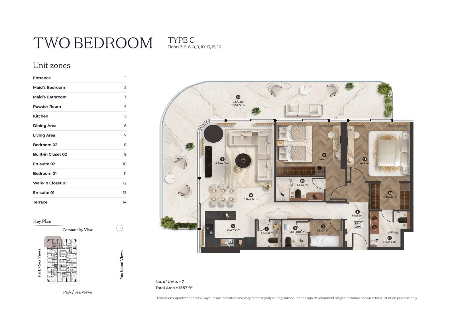 Stellar by ELIE SAAB 2-bedroom Type C apartment floor plan for typical floor 01, 1,557 sq ft.