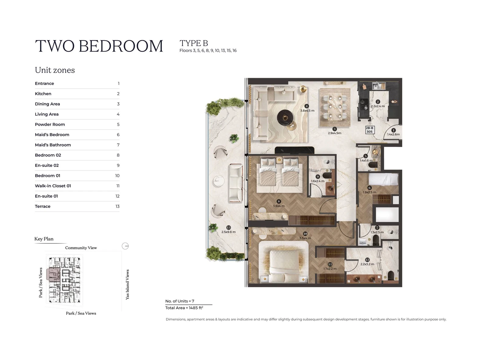 Stellar by ELIE SAAB 2-bedroom Type B apartment floor plan for typical floor 01, 1,485 sq ft.
