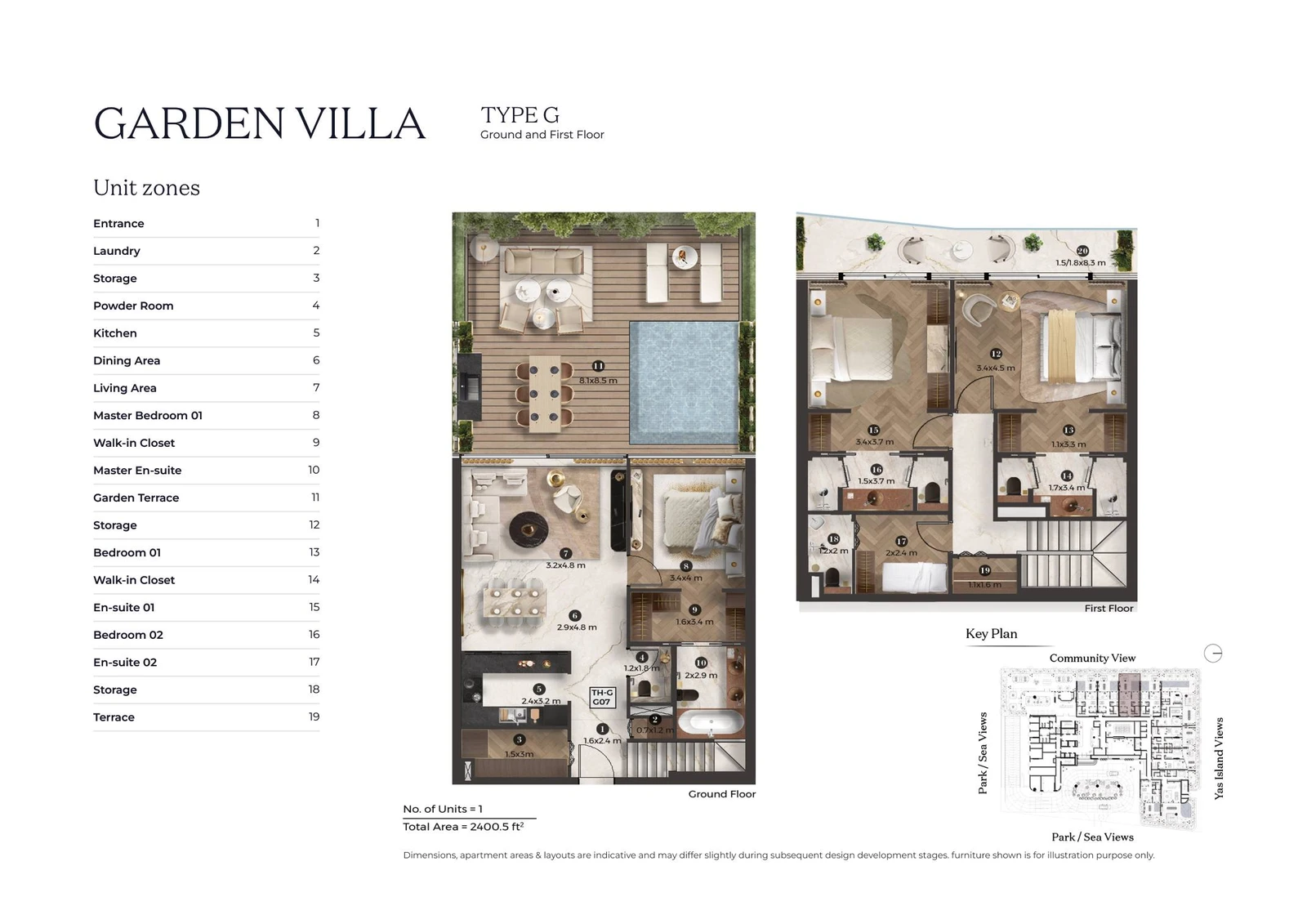 Stellar by ELIE SAAB 3-bedroom Type G villa floor plan for ground and first floors, 2,400.5 sq ft.