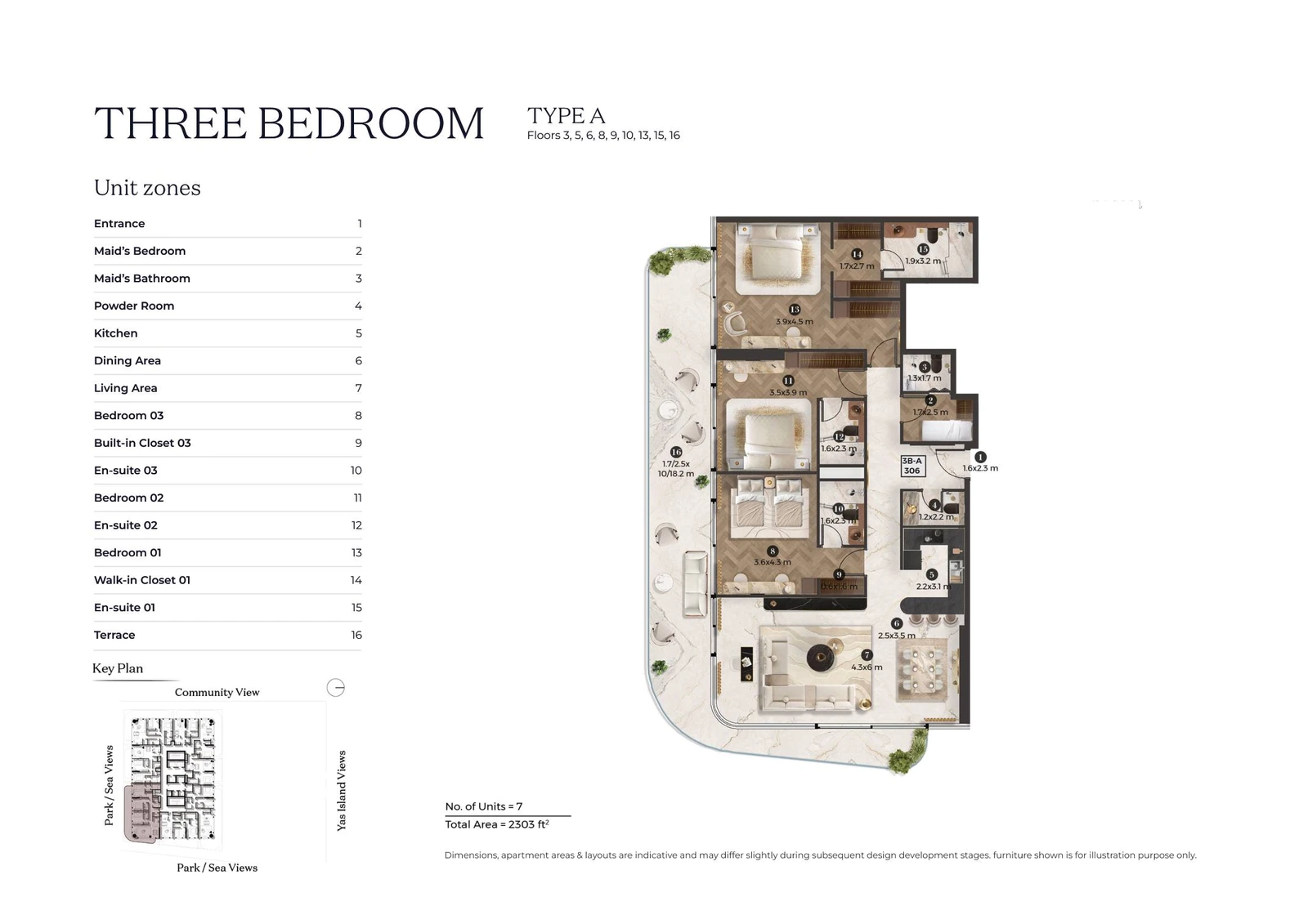 Stellar by ELIE SAAB 3-bedroom Type A apartment floor plan for typical floor 01, 2,303 sq ft.