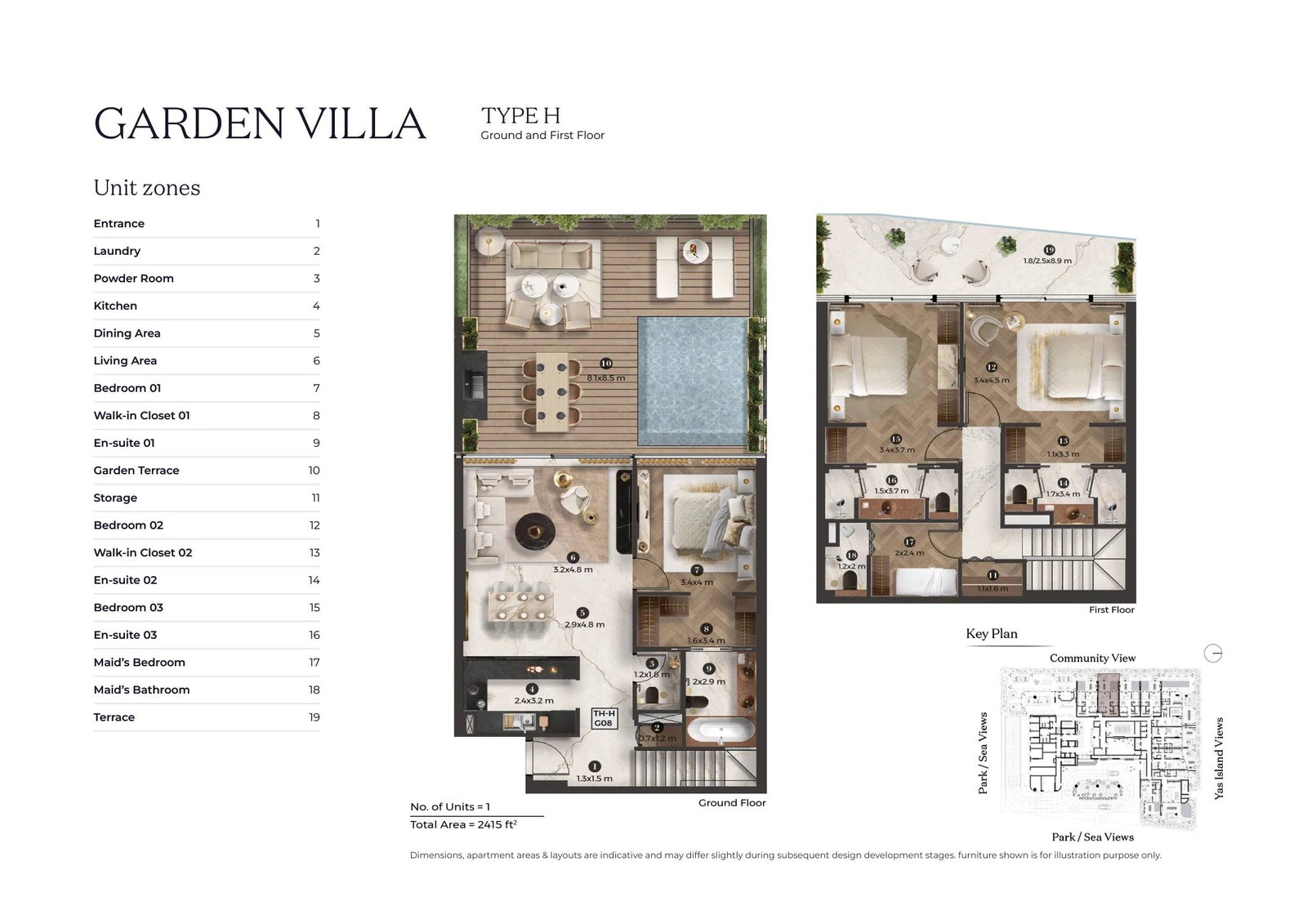Stellar by ELIE SAAB 3-bedroom Type H villa floor plan for ground and first floors, 2,415 sq ft.