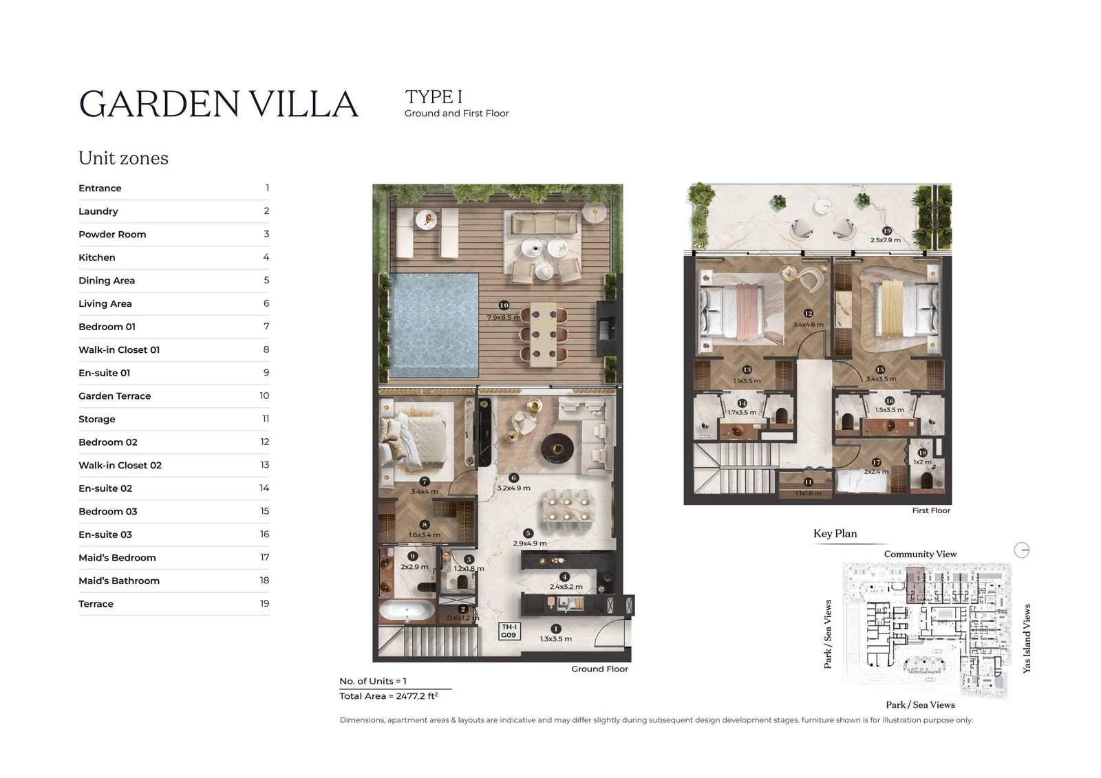 Stellar by ELIE SAAB 3-bedroom Type I villa floor plan for ground and first floors, 2,477.2 sq ft.