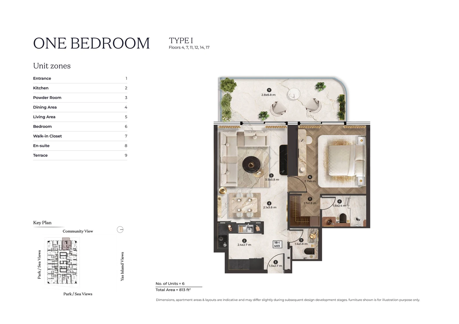 Stellar by ELIE SAAB 1-bedroom Type I apartment floor plan for typical floor 02, 813 sq ft.