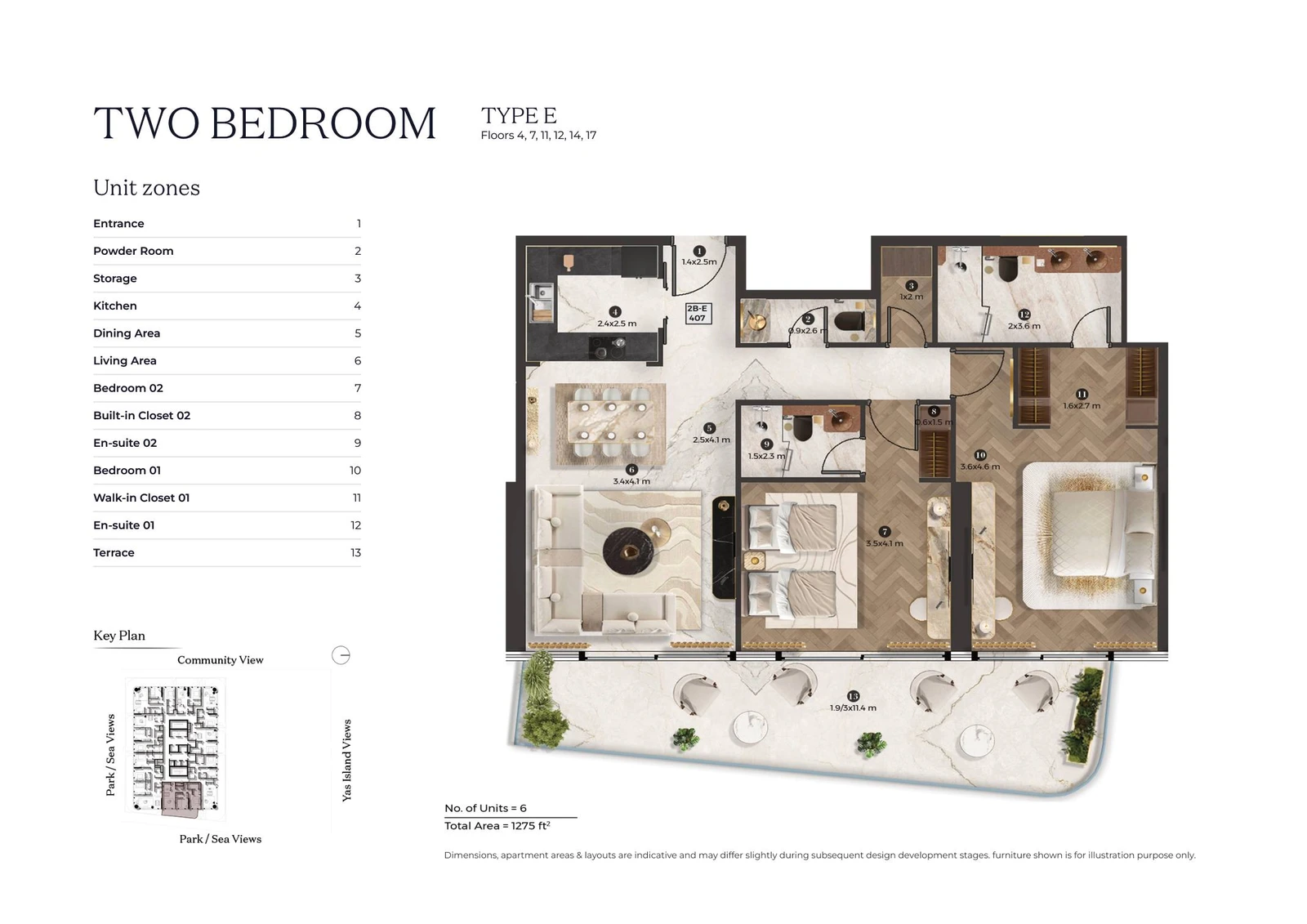 Stellar by ELIE SAAB 2-bedroom Type E apartment floor plan for typical floor 02, 1,275 sq ft.