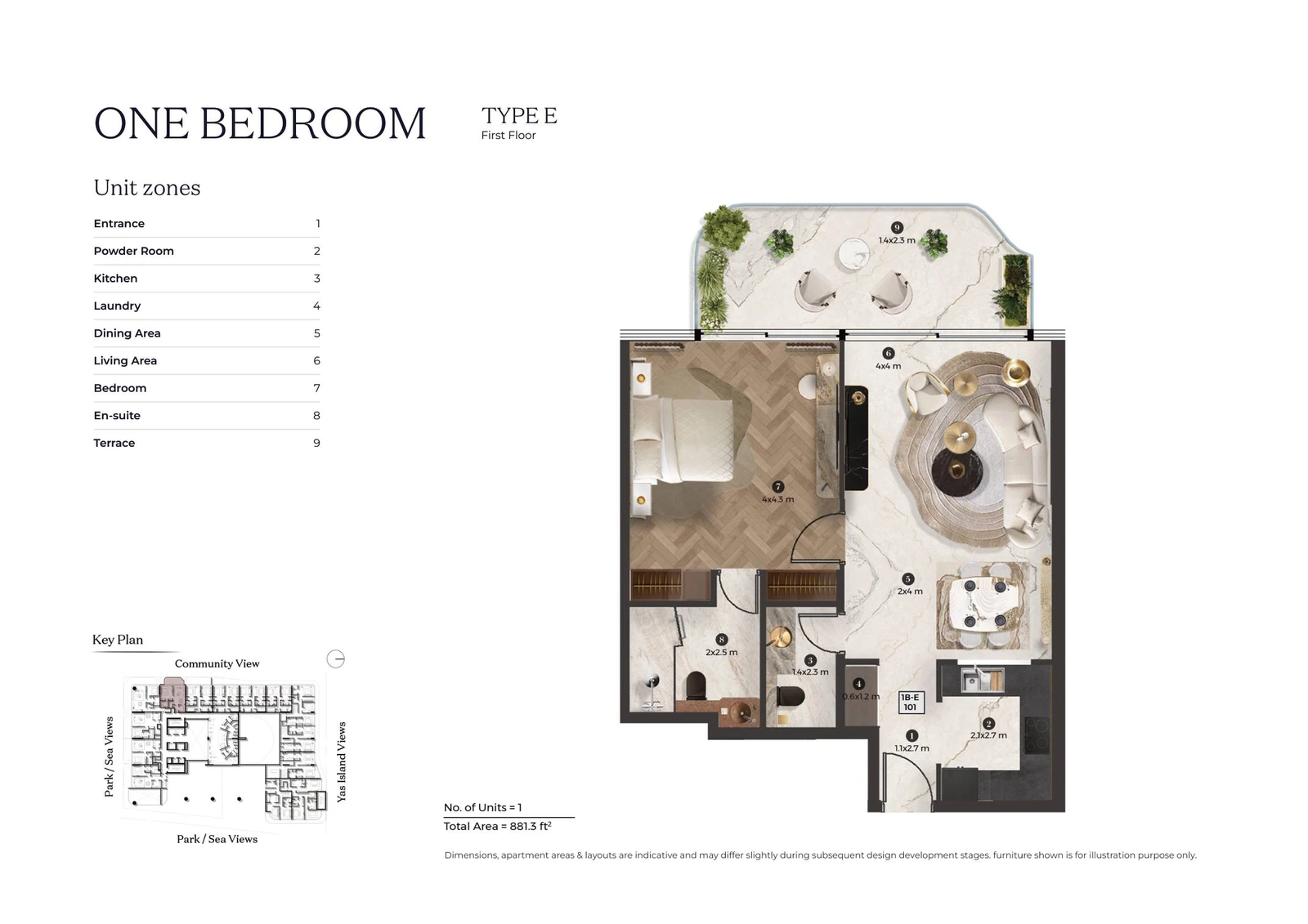 Stellar by ELIE SAAB 1-bedroom Type E apartment floor plan for first floor, 881.3 sq ft.