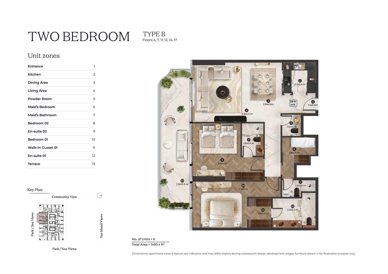 Stellar by ELIE SAAB 2-bedroom Type B apartment floor plan for typical floor 02, 1,495.4 sq ft.