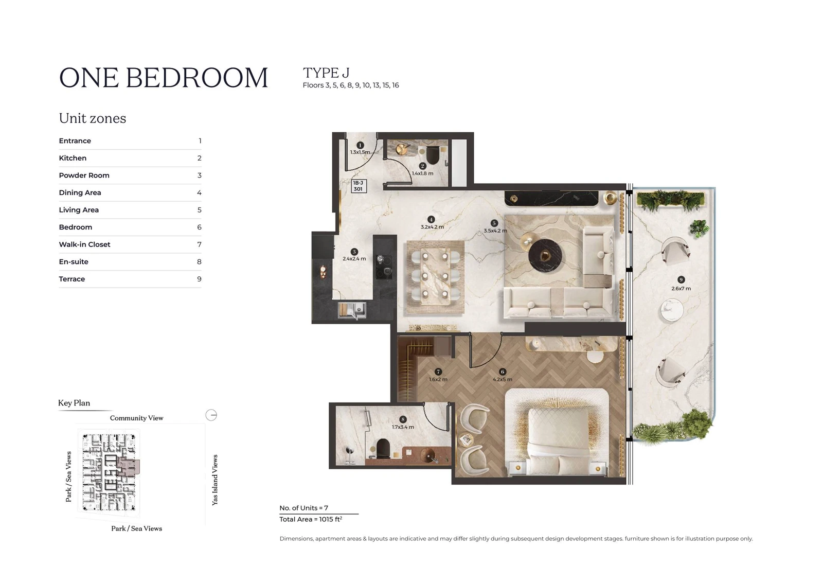 Stellar by ELIE SAAB 1-bedroom Type J apartment floor plan for typical floor 01, 1,015 sq ft.