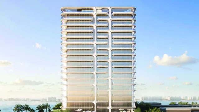 Waterfront front elevation of the curved Stellar by ELIE SAAB tower on Yas Island.