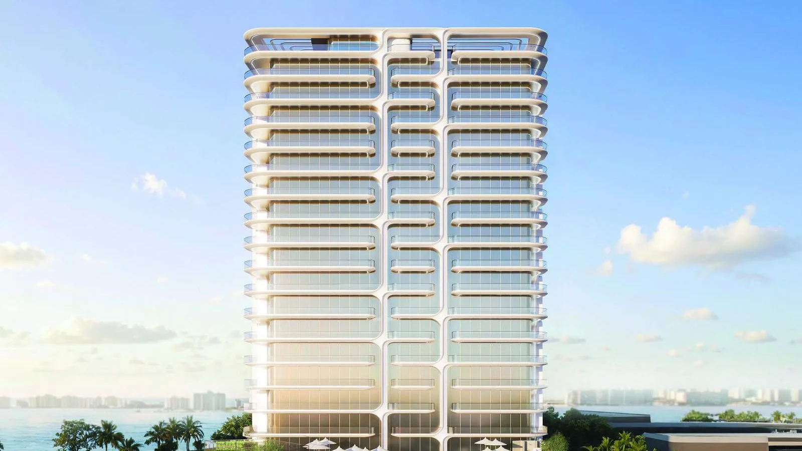 Waterfront front elevation of the curved Stellar by ELIE SAAB tower on Yas Island.